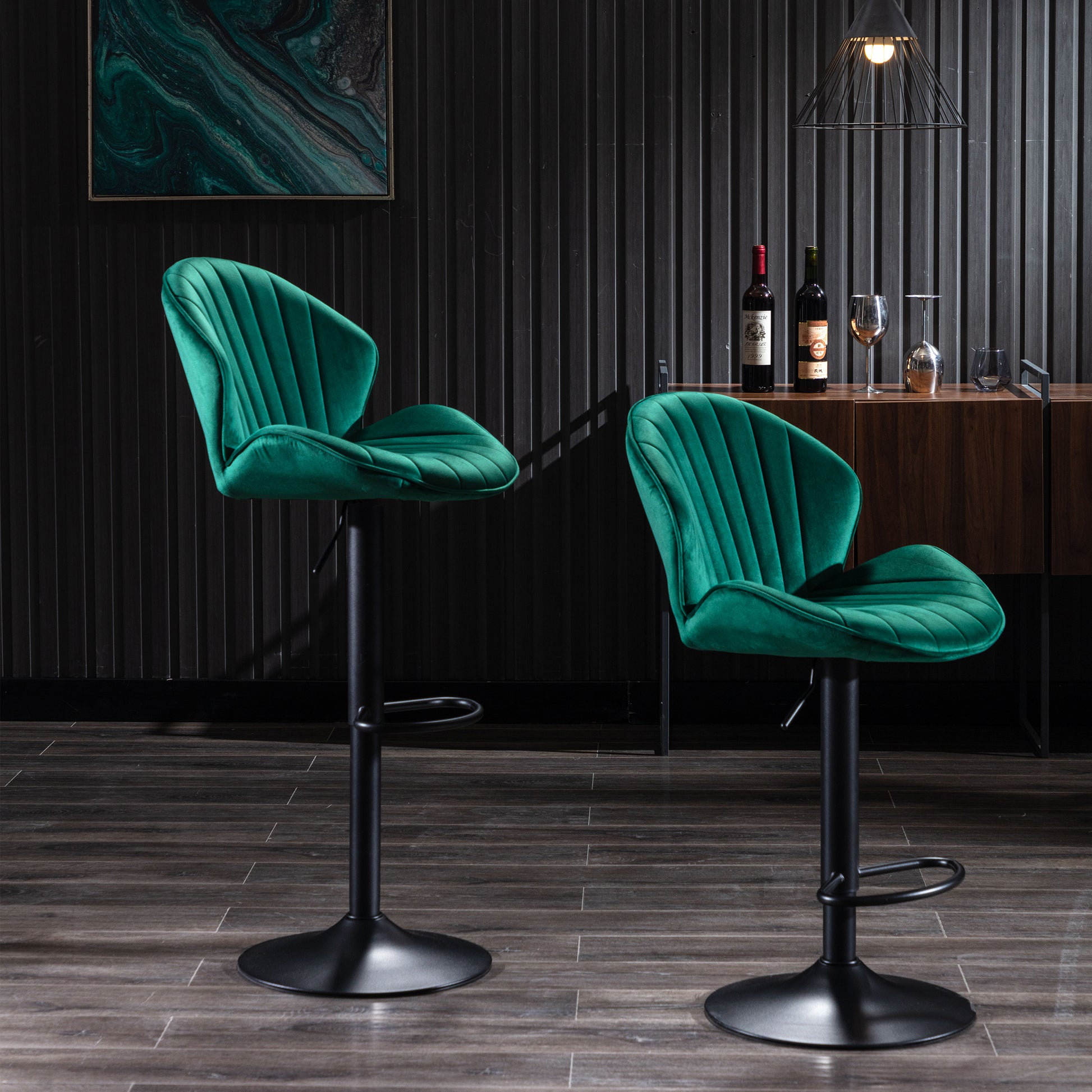 Emerald green velvet bar stool with adjustable height and plush tufted seat
