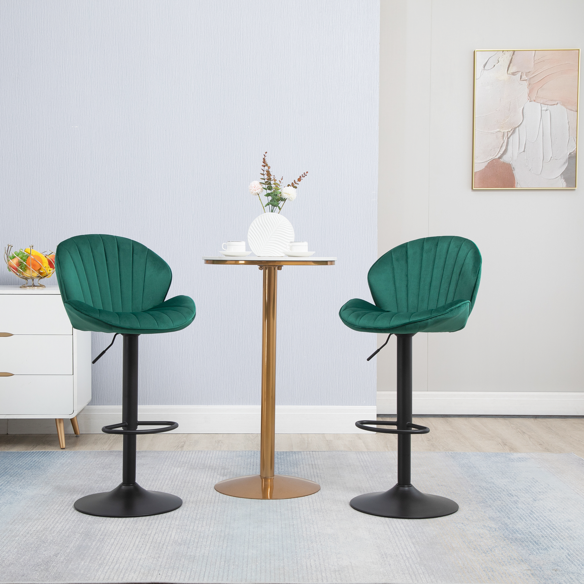 Green velvet bar stool with adjustable height and footrest