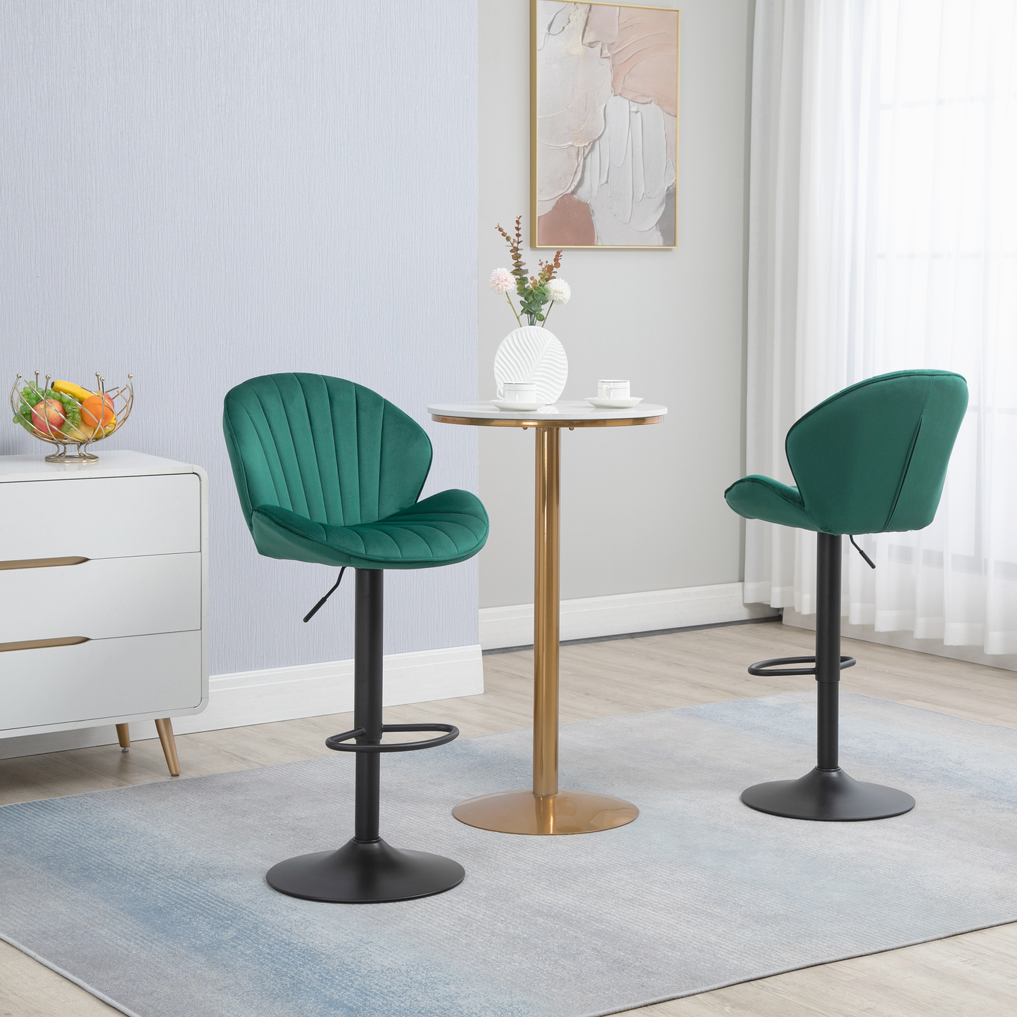 Emerald green velvet bar stool with tufted back and adjustable height