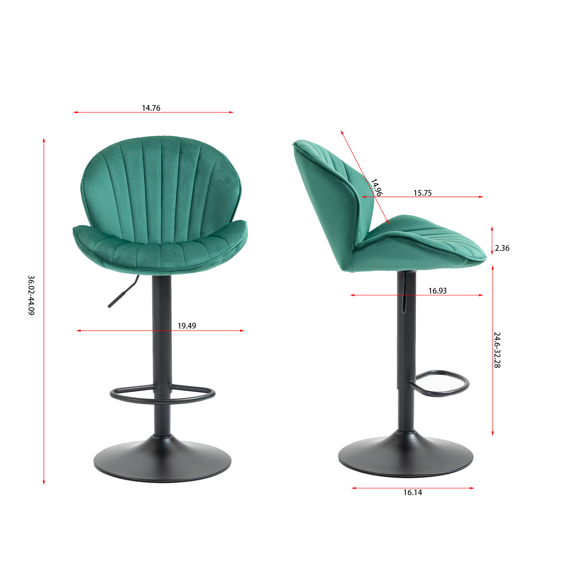 Emerald green velvet adjustable bar stool with plush tufted seat