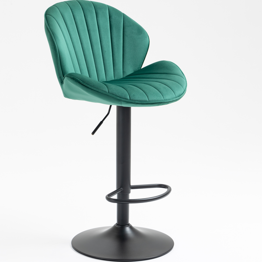 Emerald green velvet bar stool with channel tufting and black metal base