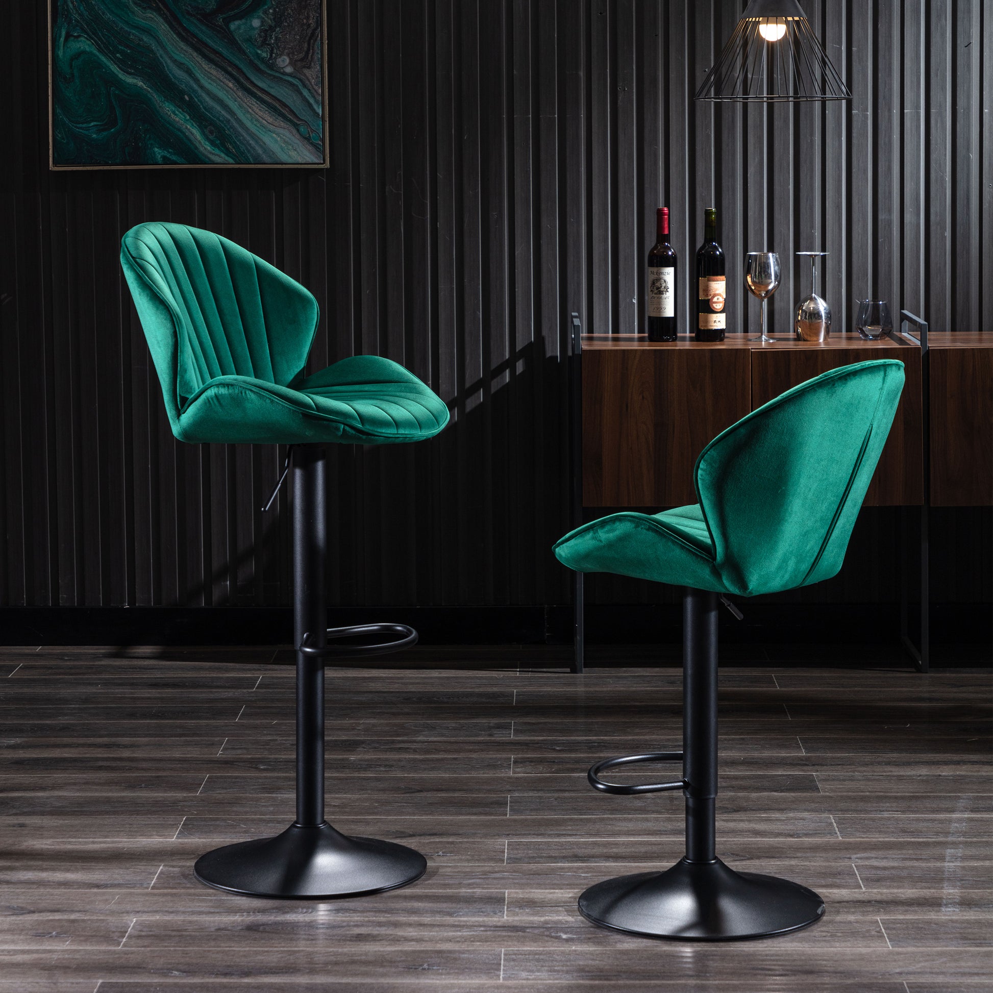 Emerald green velvet bar stool with tufted seat and adjustable height