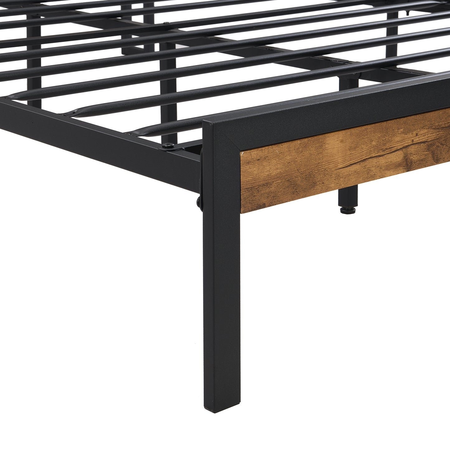 Rustic wood and black metal bed frame detail with clean lines for modern appeal
