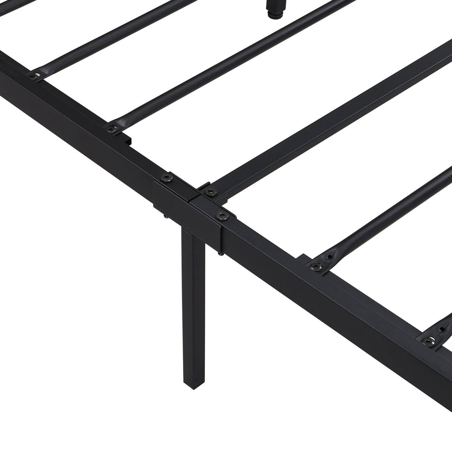 Black metal bed frame construction with strong support slats for mattress