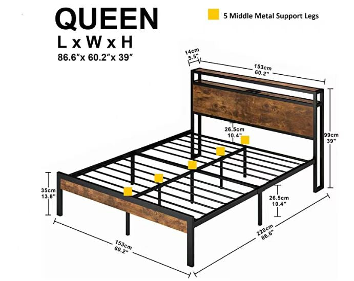 Queen size metal bed frame with rustic wood headboard and  metal support legs