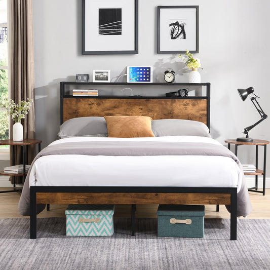 Rustic wood and black metal bed frame with integrated headboard shelf
