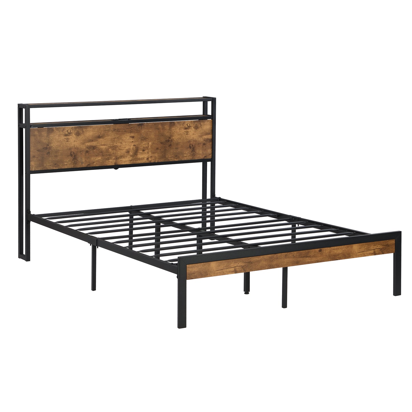 Rustic metal bed frame with wood headboard detail