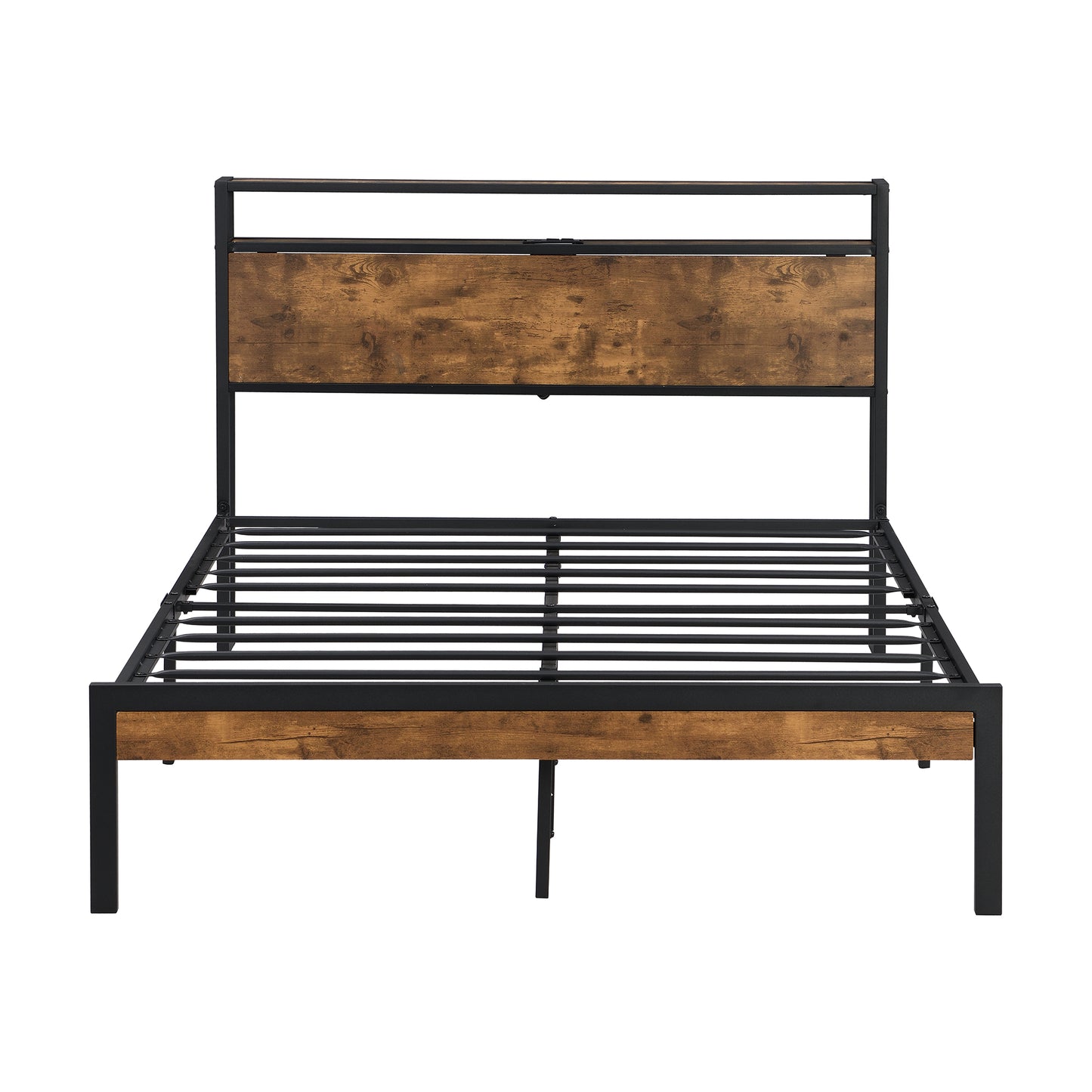 Industrial style queen bed frame with black metal and rustic wood headboard and slats