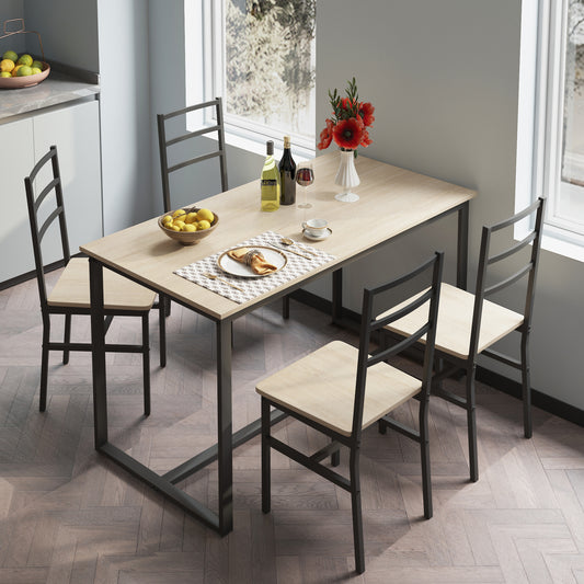 Modern dining set with light oak tabletop and black metal frame chairs seats four