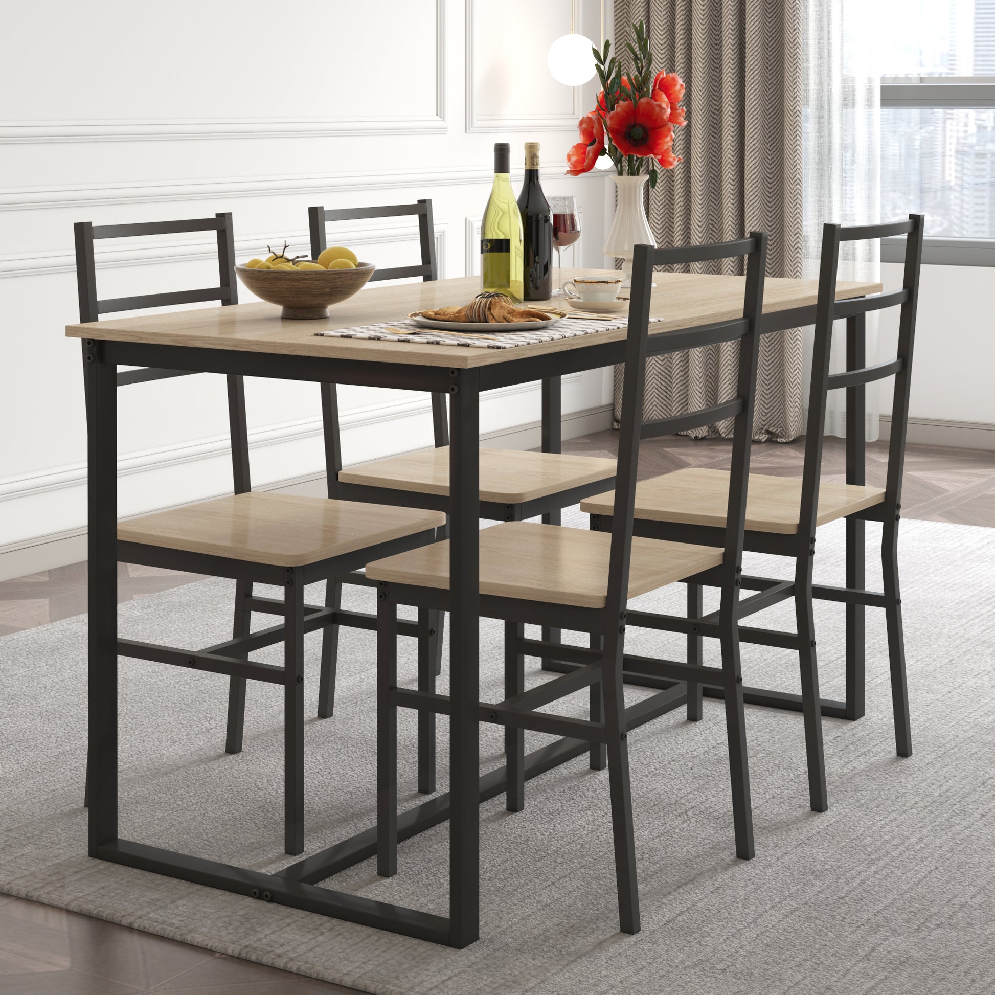 Black metal and light wood dining set with four chairs