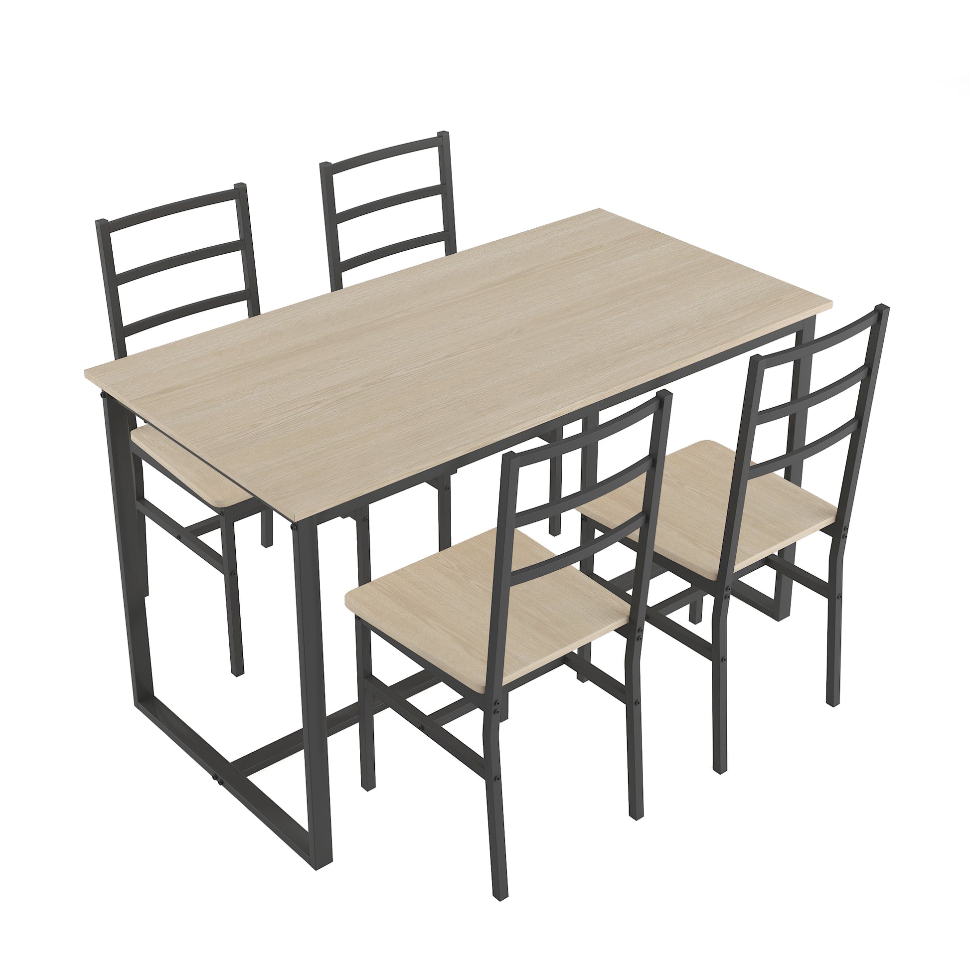 Modern dining set with woodgrain laminate tabletop and four black metal chairs