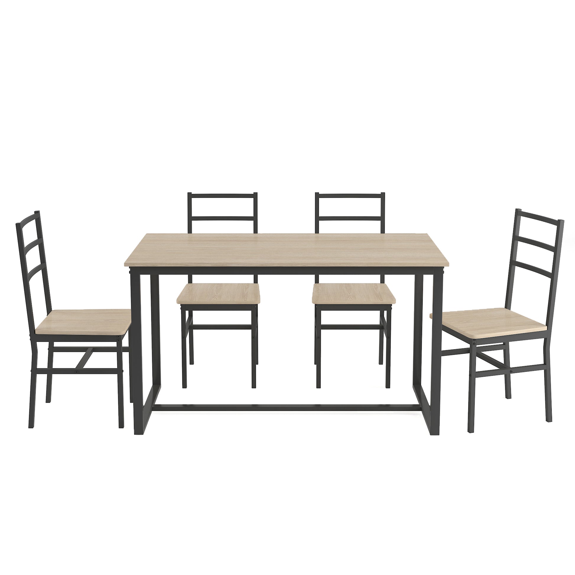 Modern dining set with light wood table and black metal chairs