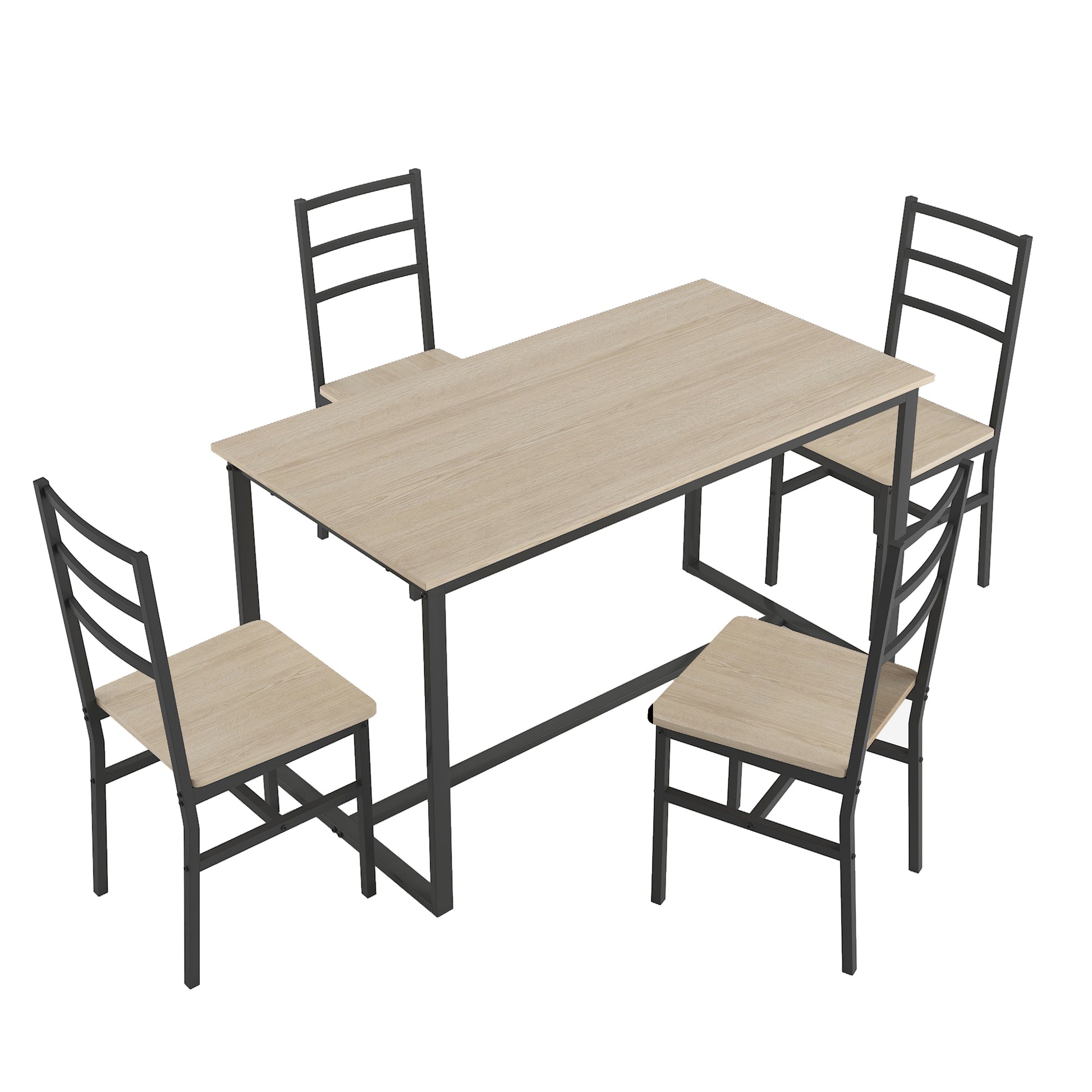 Light oak dining table with four black metal chairs for compact spaces