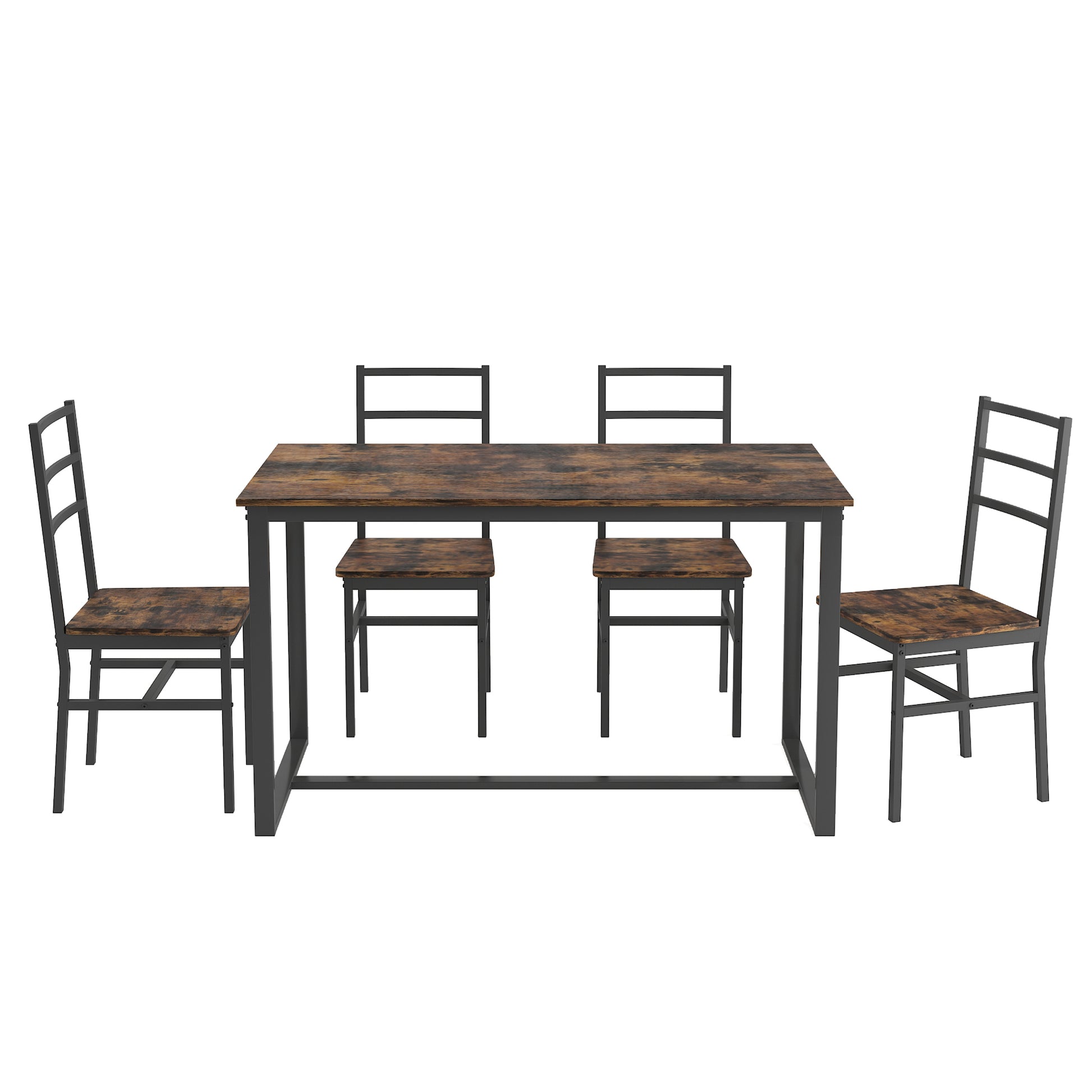 Rustic brown wood dining table with four black metal chairs