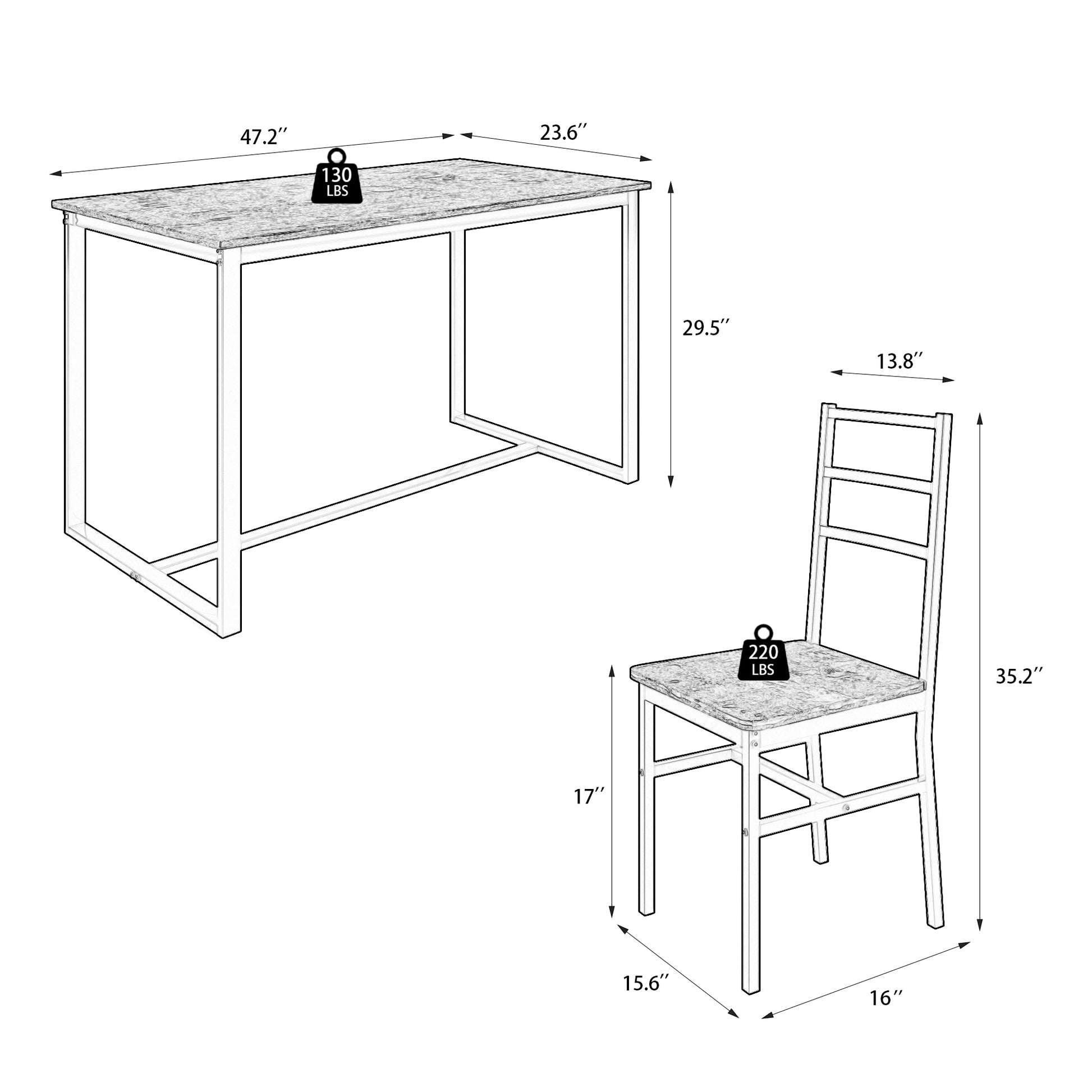Sketch of a modern desk with marblepatterned top and metal frame  W x  D