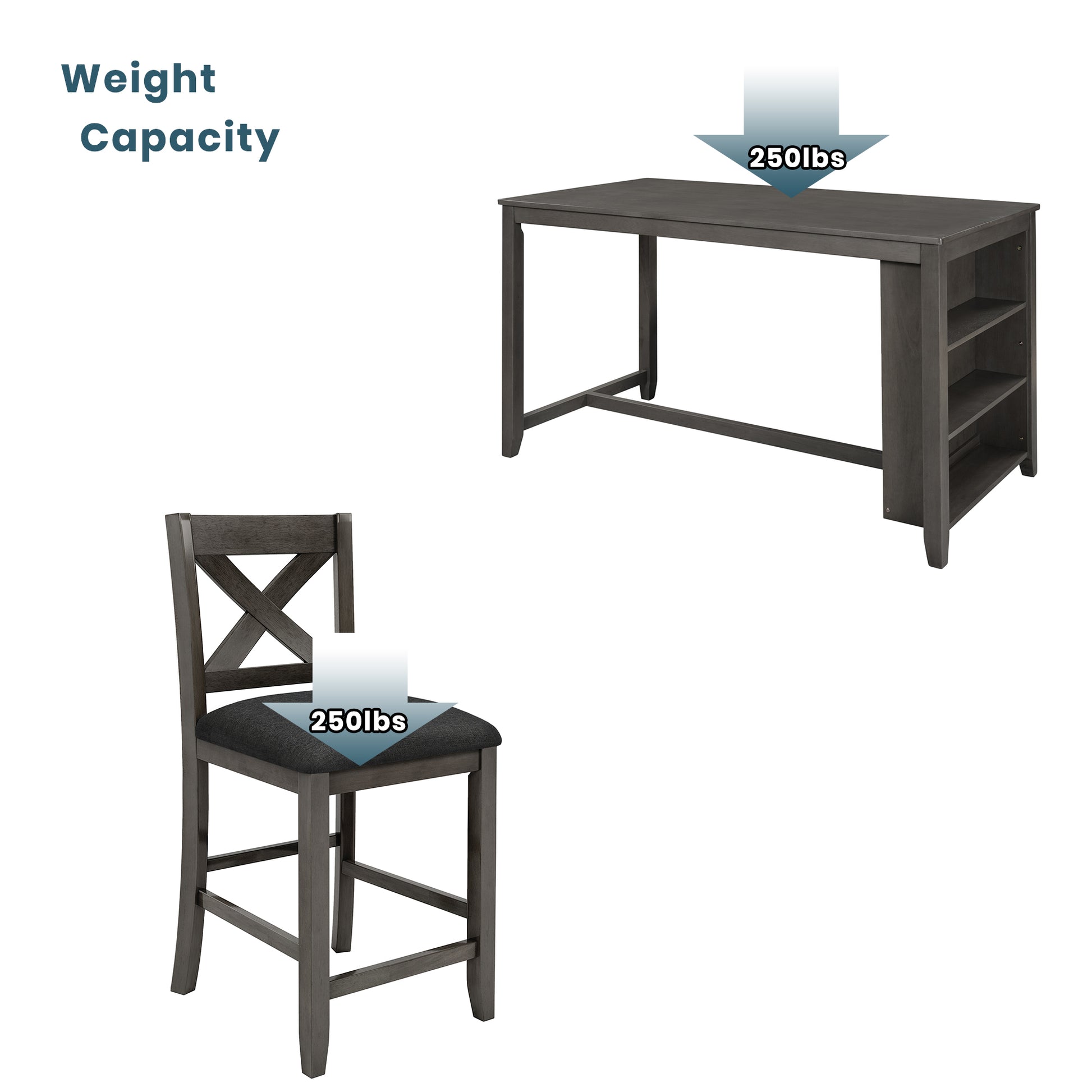 Gray wooden counter chair with upholstered seat and lbs weight capacity