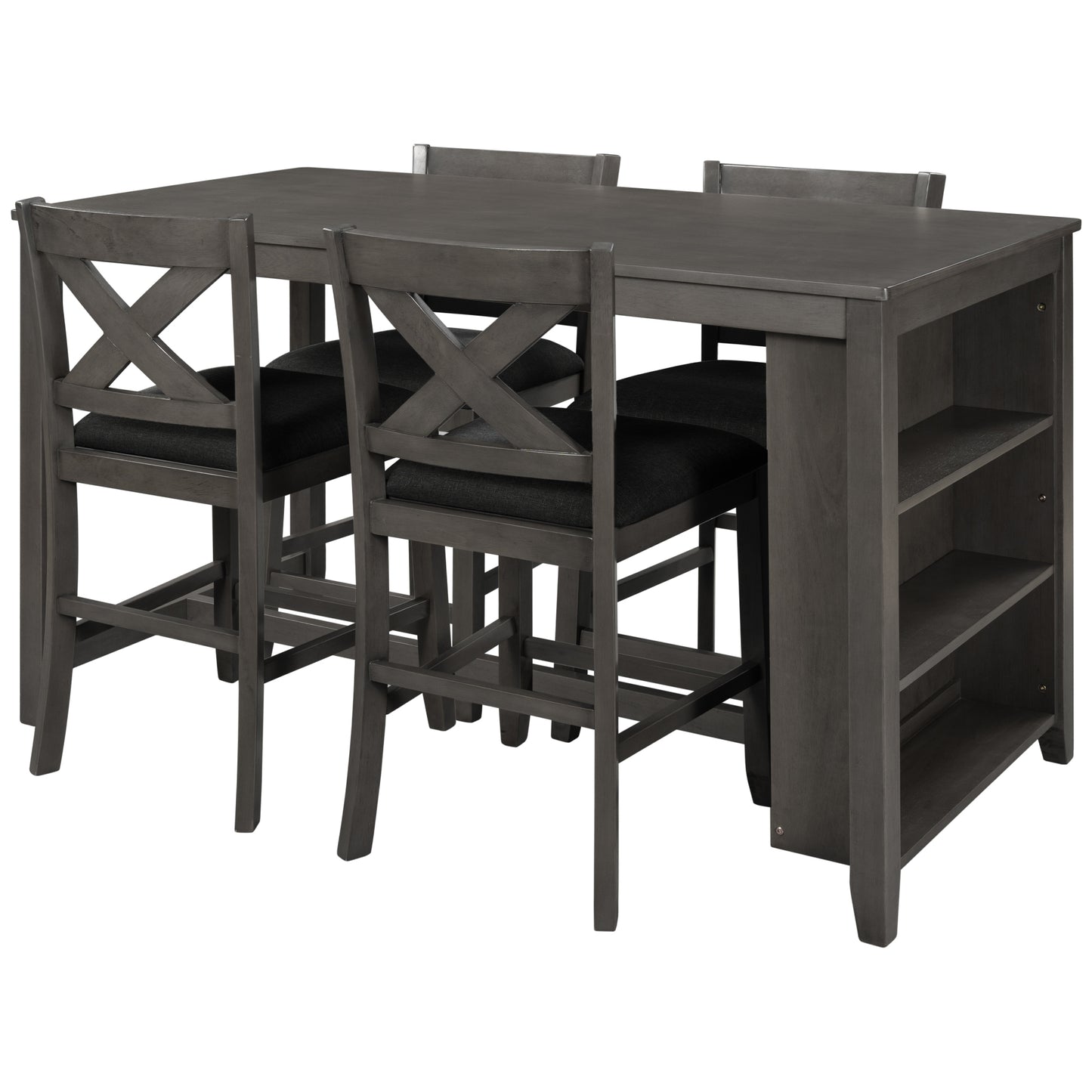Gray counter height dining set with Xback stools and integrated shelving