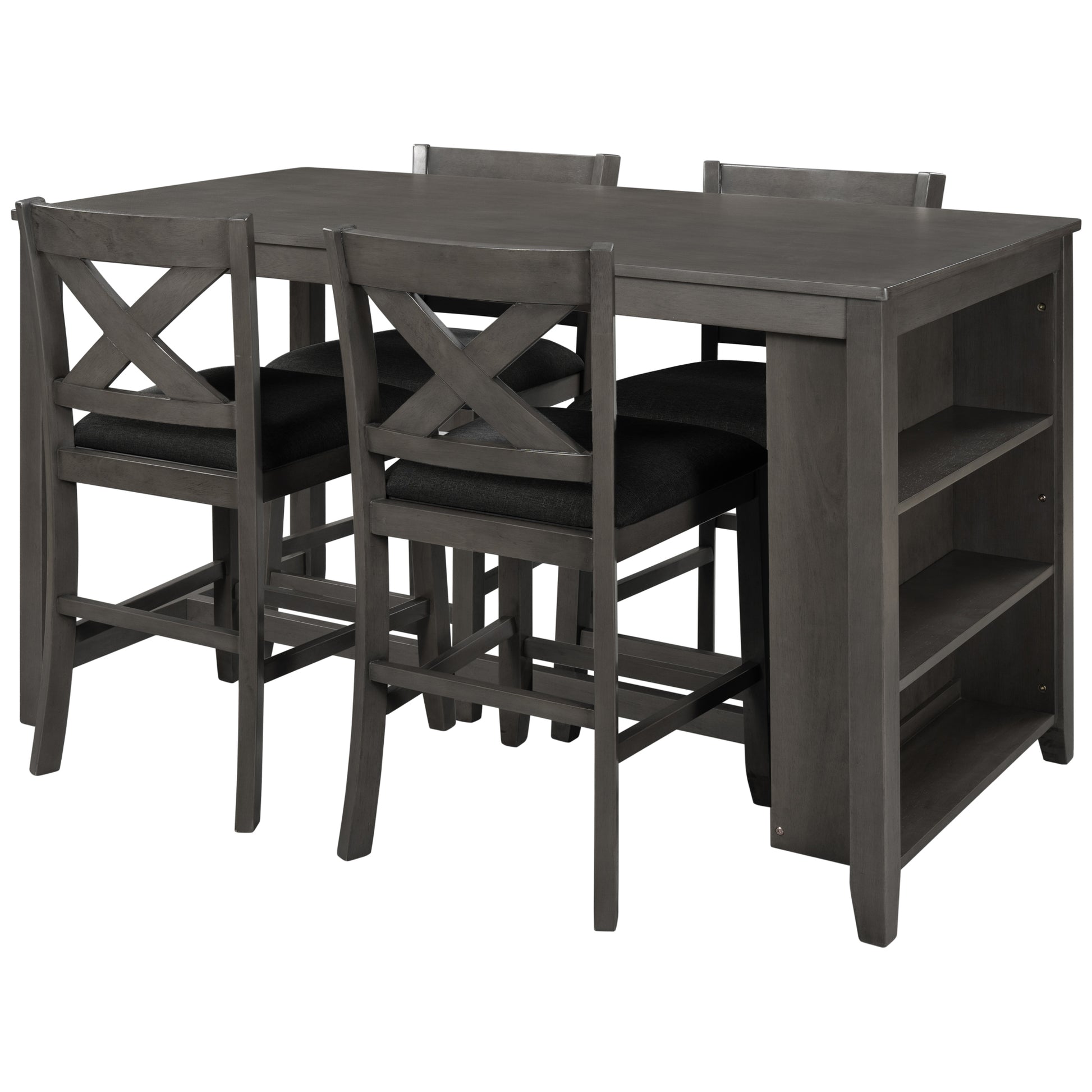 Gray counter height dining set with Xback stools and integrated shelving