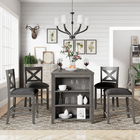 Gray bar stools with Xback design arranged around a gray storage island