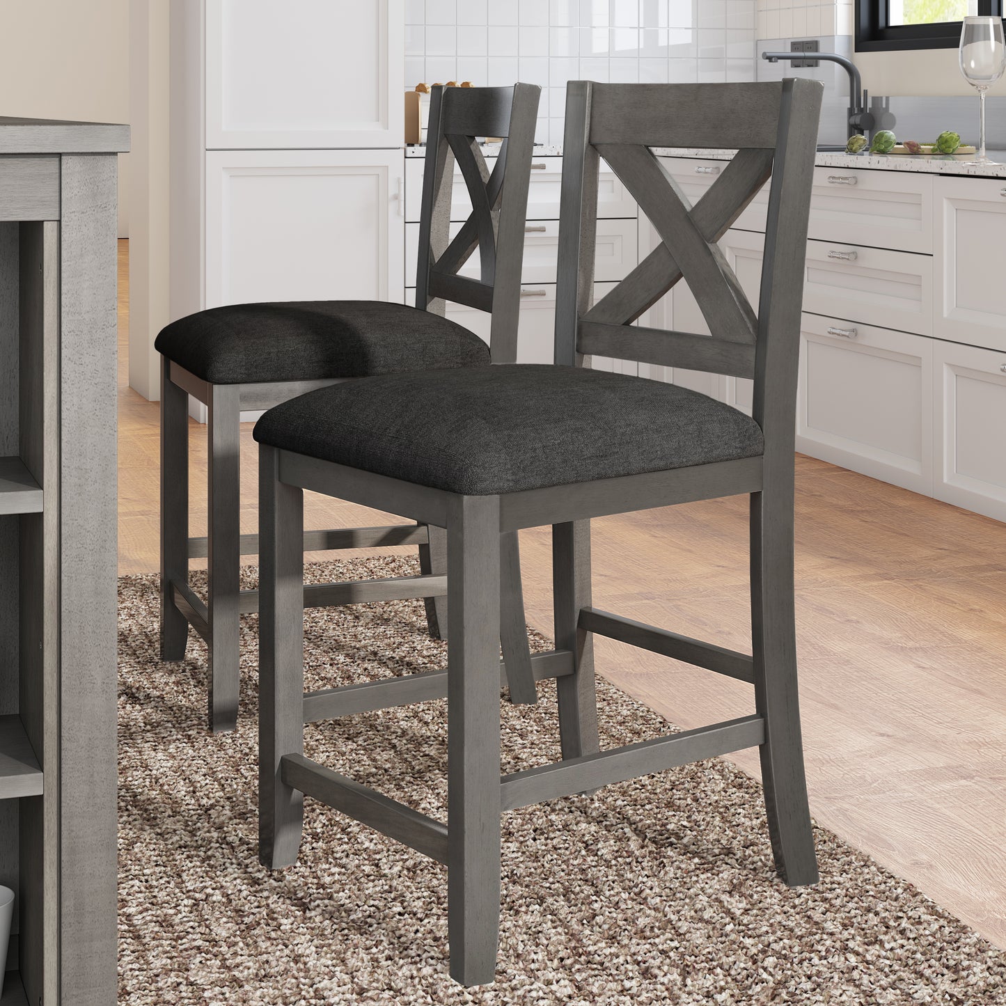 Gray wooden bar stool with dark upholstered seat and Xback detail