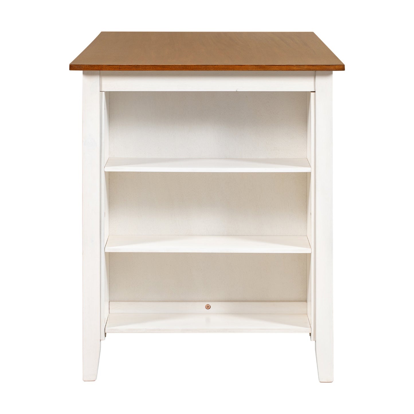 White wood bookshelf with three shelves and a rich brown wooden top