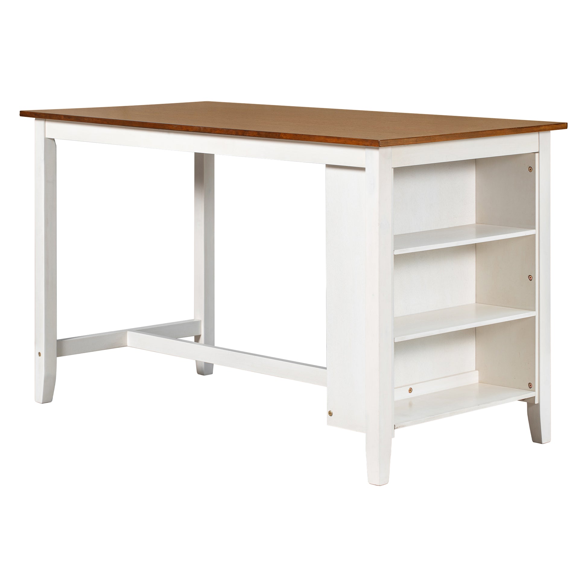 White and brown counter height table with builtin shelves