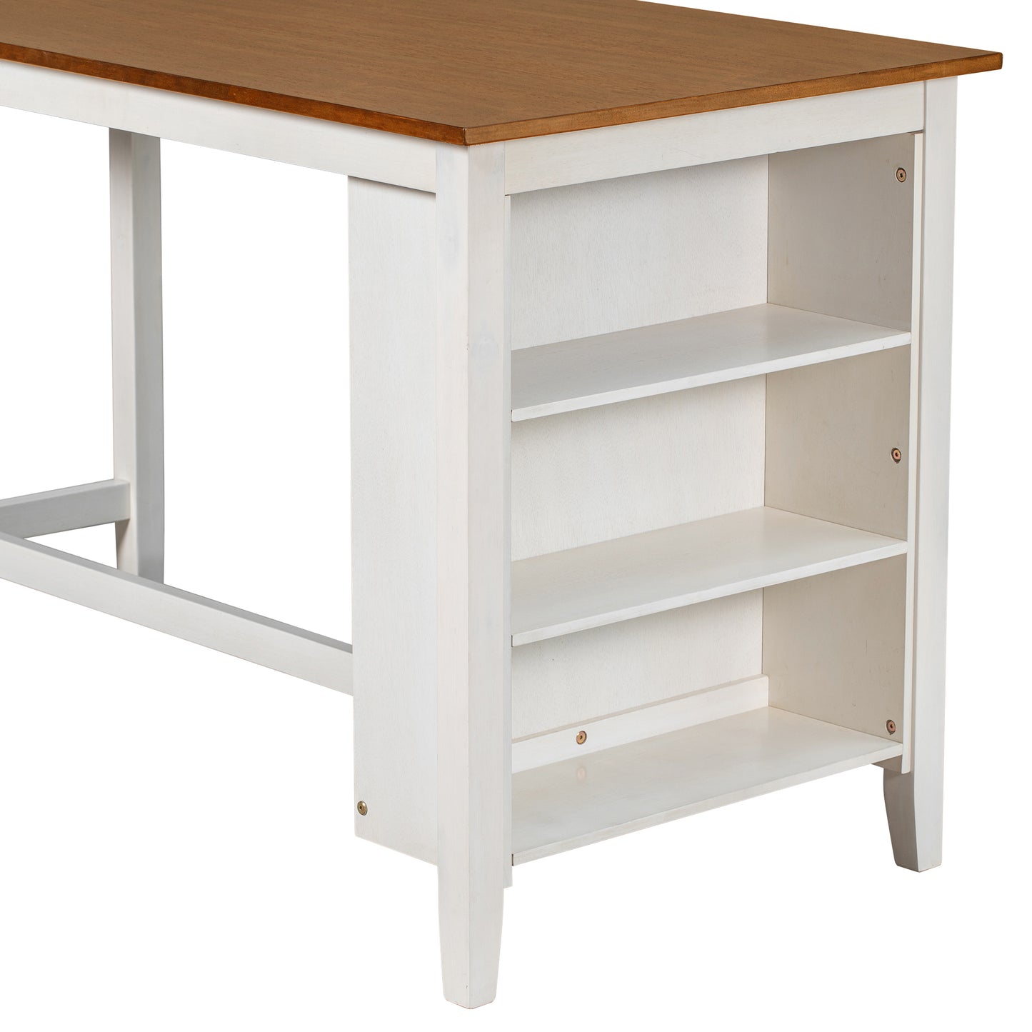 White bar table with oak top and open shelving