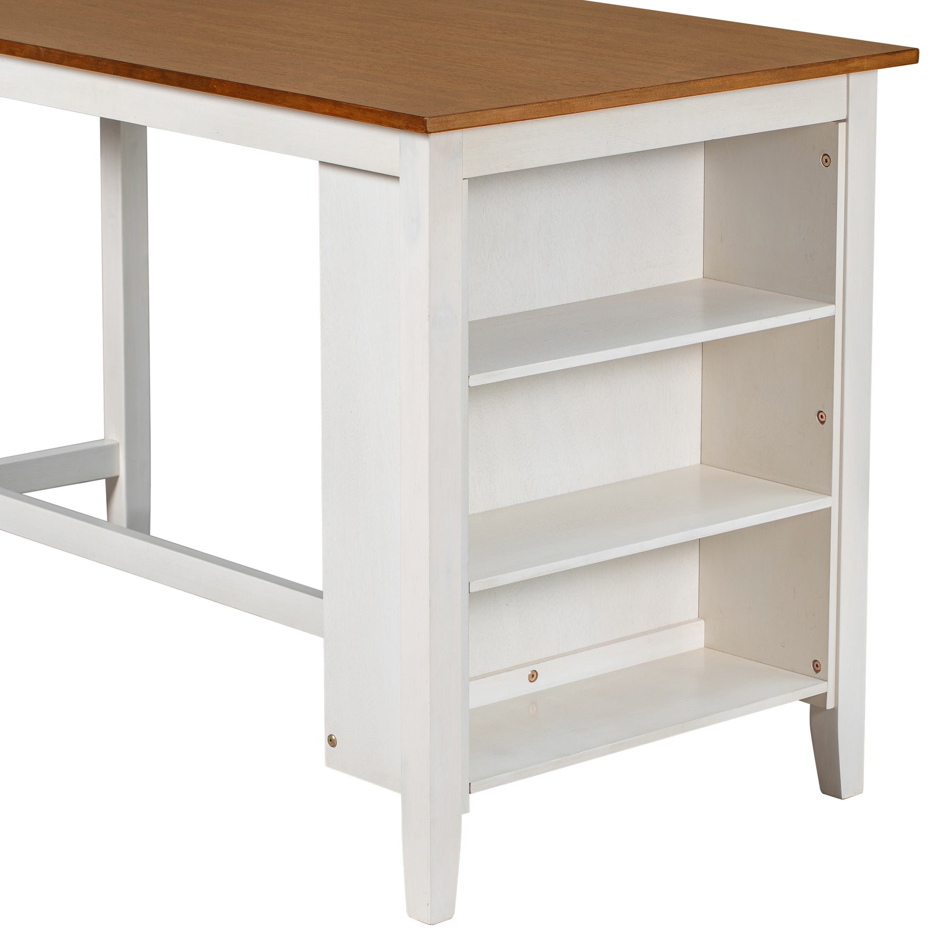 White bar table with oak top and open shelving