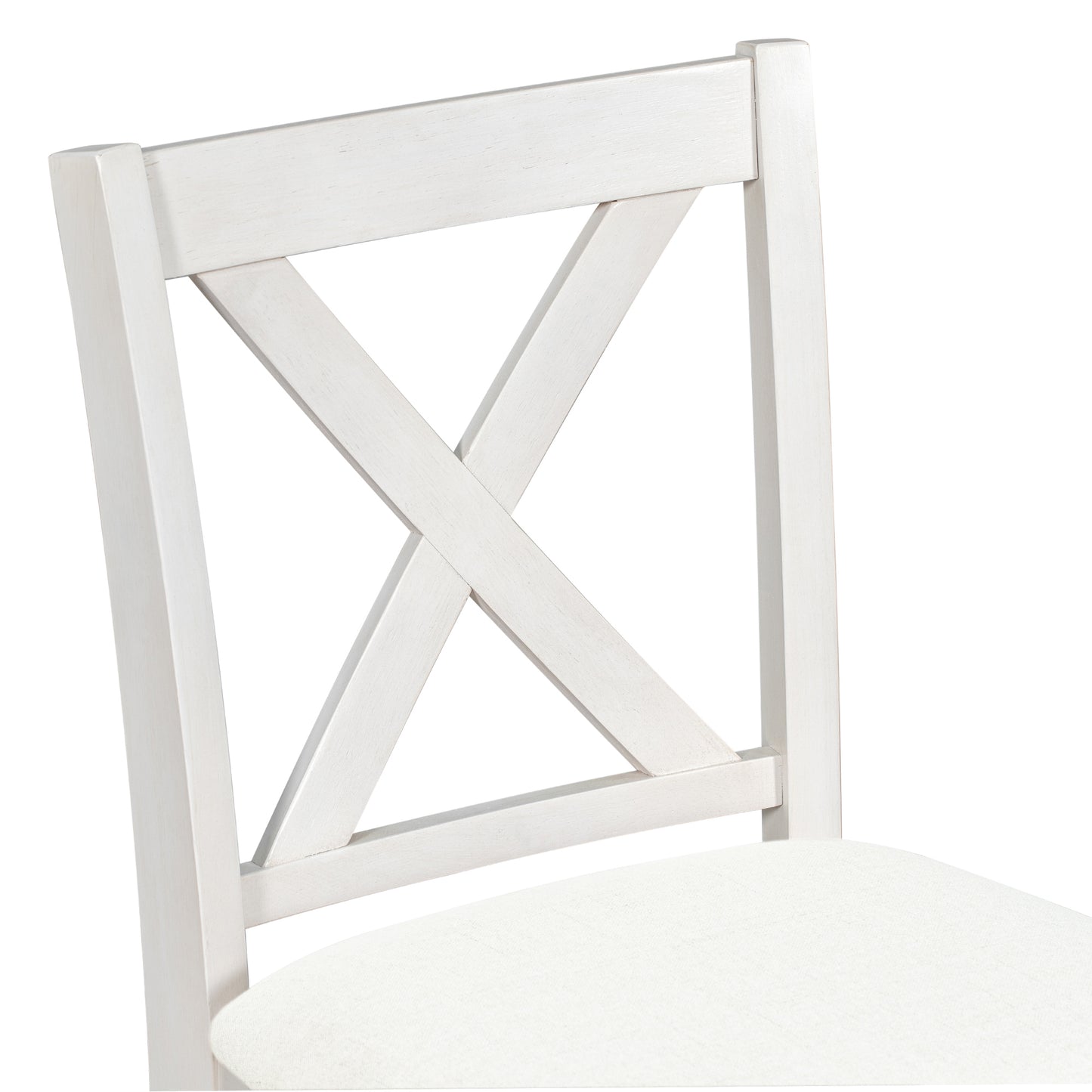 Distressed white wooden chair with Xback detail and upholstered seat