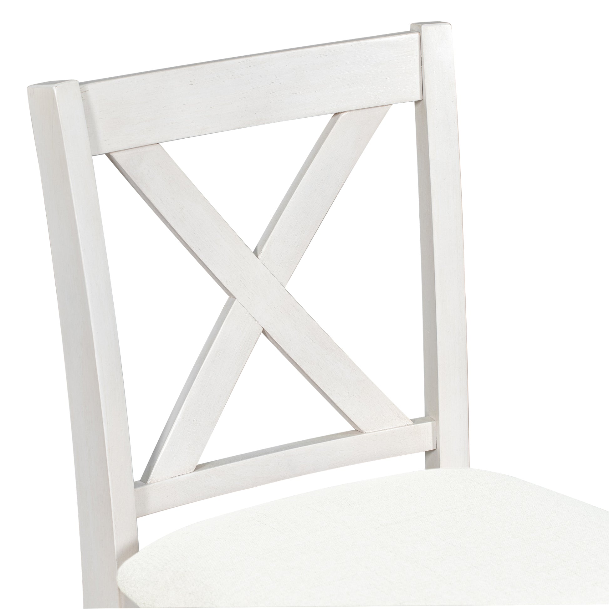 Distressed white wooden chair with Xback detail and upholstered seat