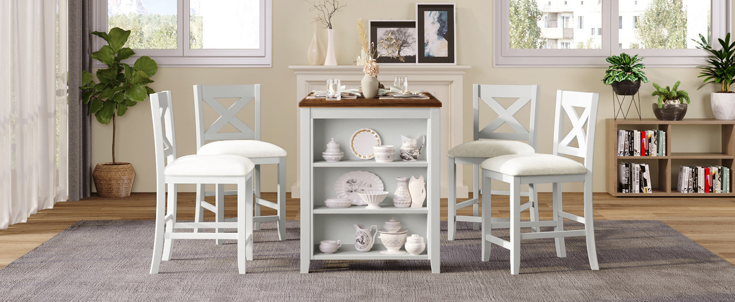 Light grey counter height stool with white cushioned seat