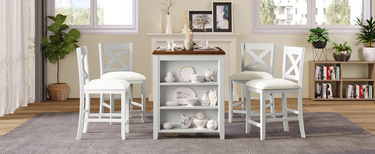 Light grey counter height stool with white cushioned seat