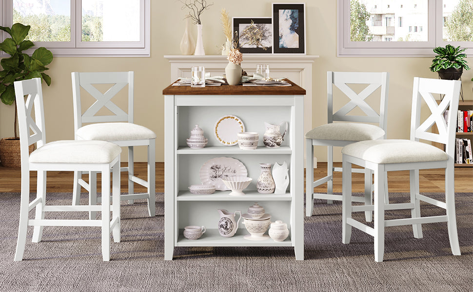 White wooden counter stool with a light grey cushioned seat