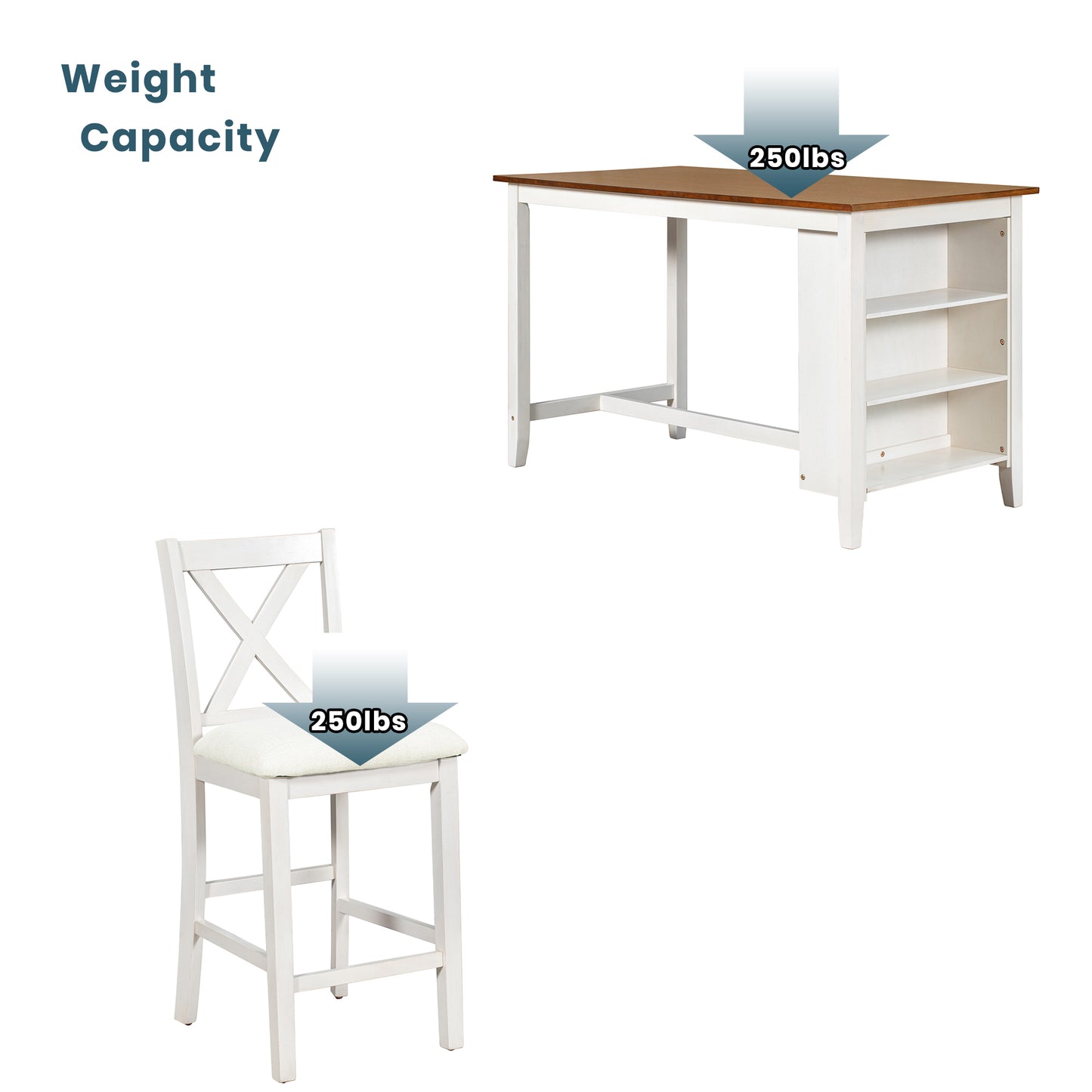 White wooden counter stool with cushioned seat supports lbs
