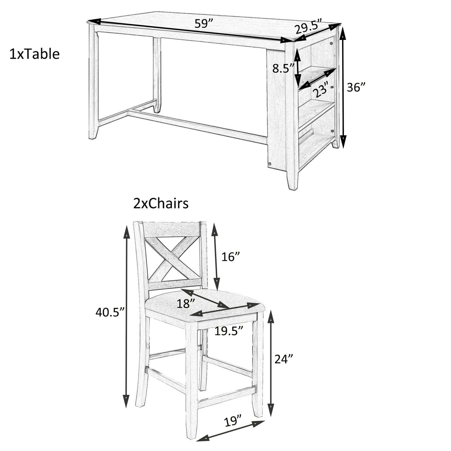 Sketch of a x bar height table with  shelves
