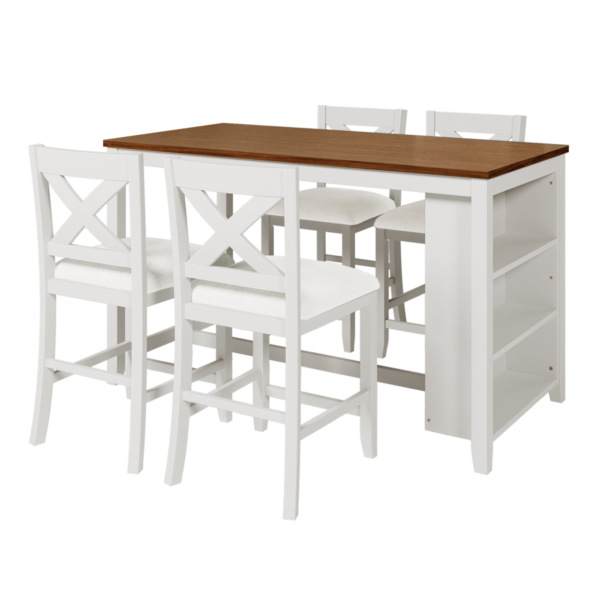 White bar table set with four cushioned stools and builtin shelving
