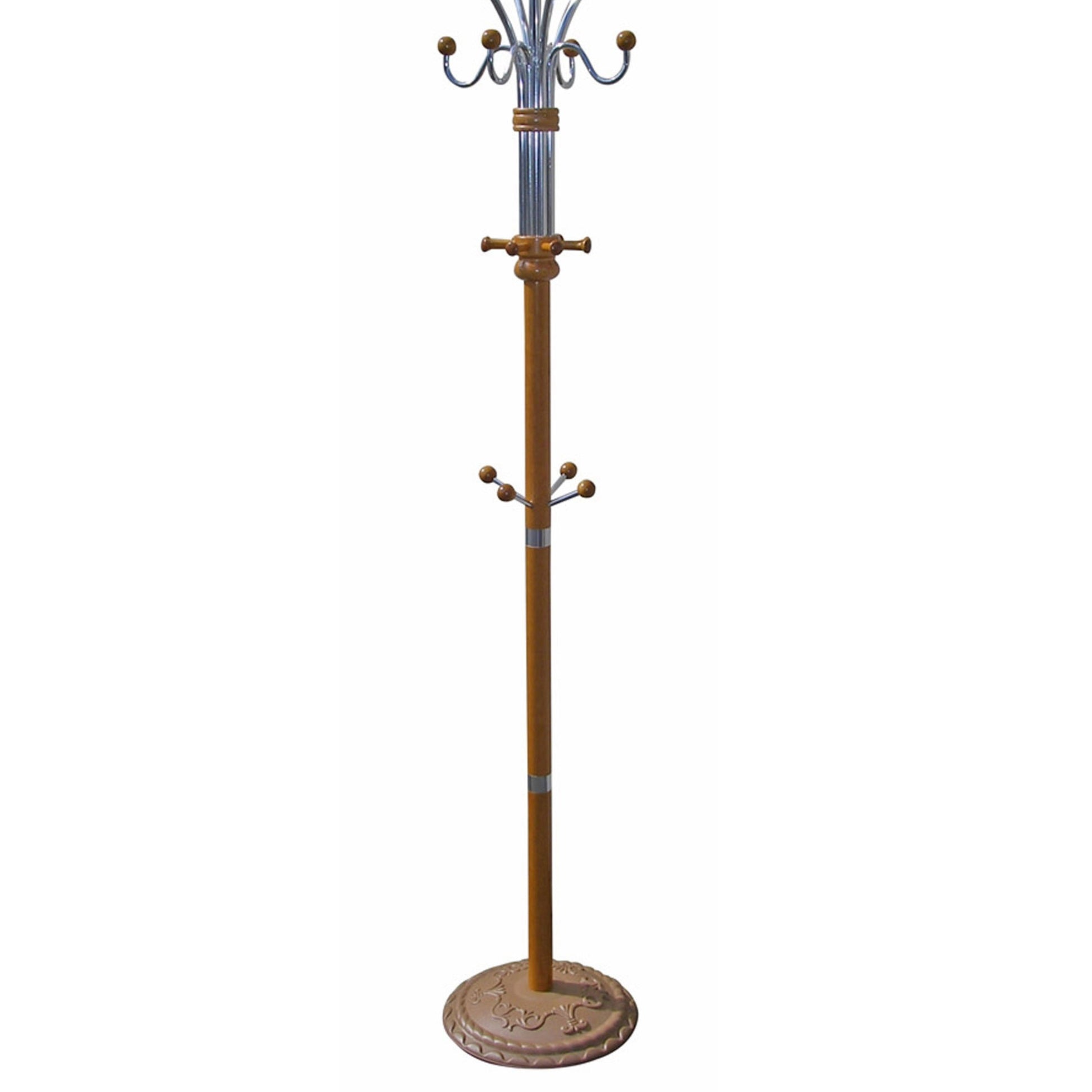 Wooden coat rack with chrome hooks and decorative base