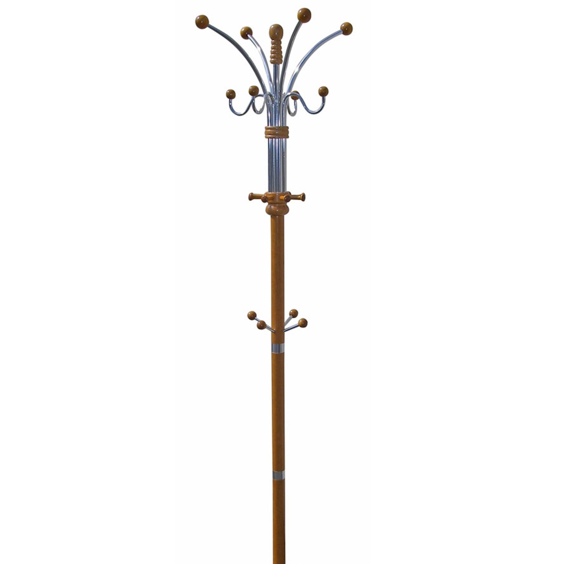 Modern wood and chrome coat rack with multiple hooks for coats and hats