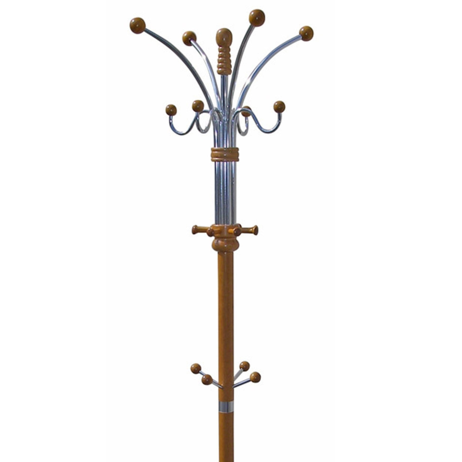 Wooden coat rack with chrome accents and brown spherical knobs