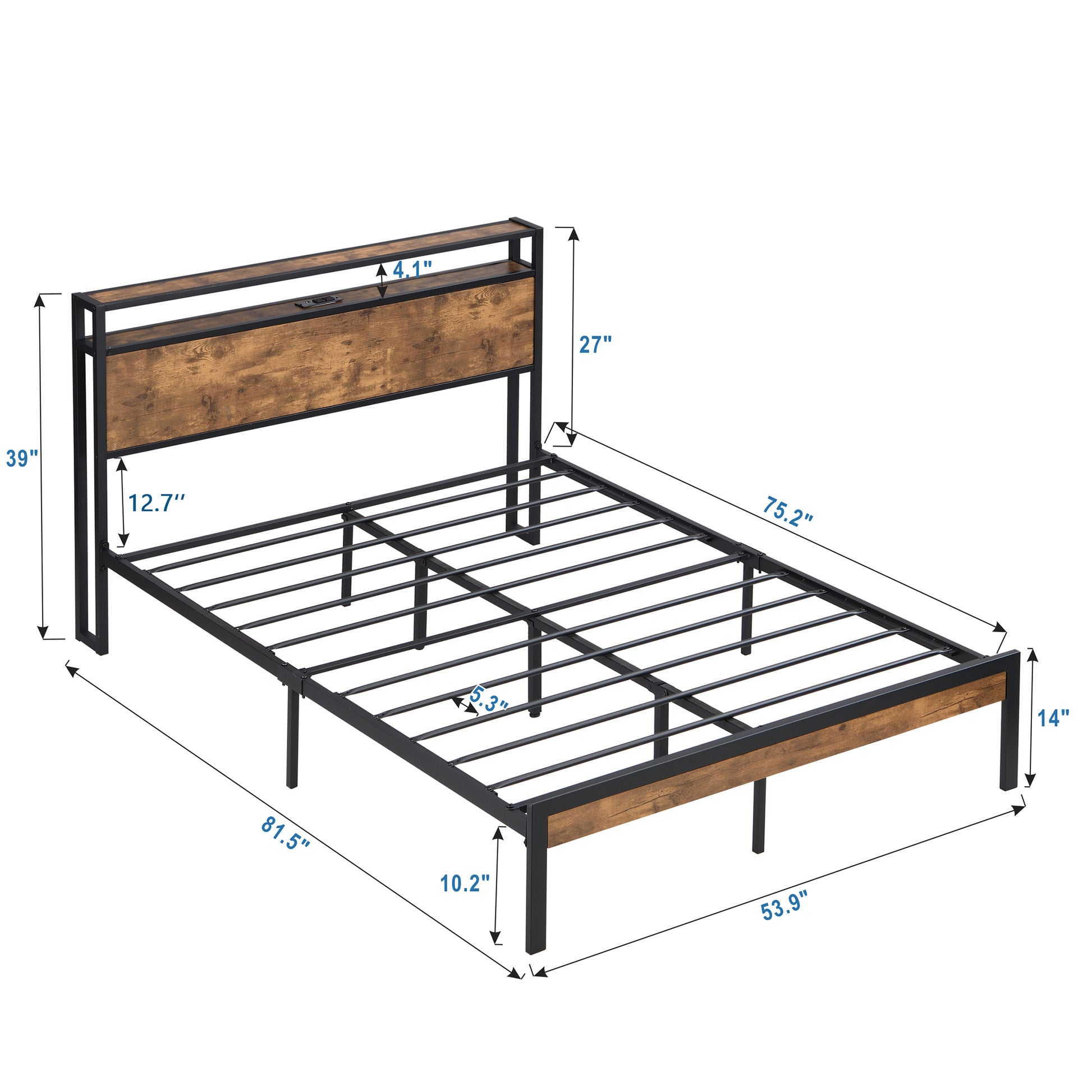 Industrial style platform bed frame with rustic wood headboard and builtin charging station