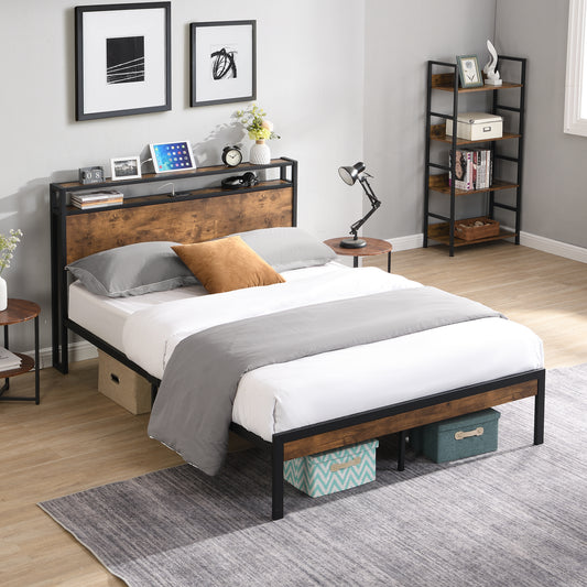 Rustic wood and black metal bed frame with builtin headboard shelves