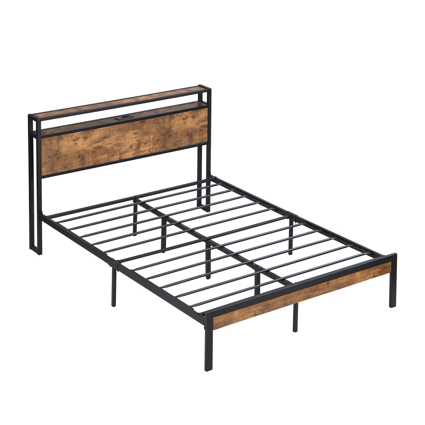 Industrial style metal bed frame with wood headboard and USB
