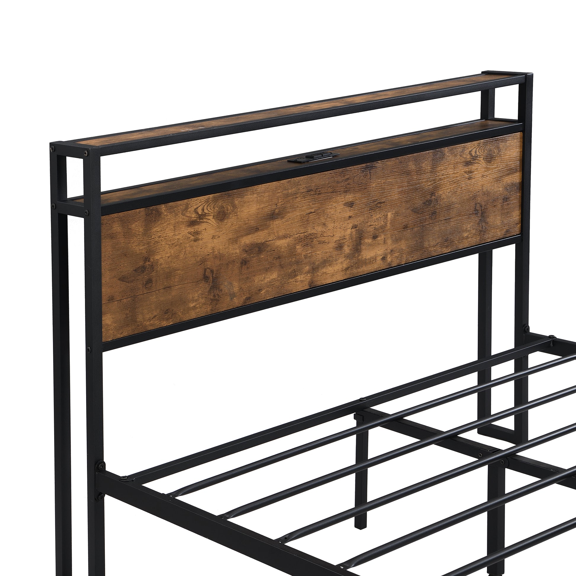 Industrial metal bed frame with rustic wood headboard
