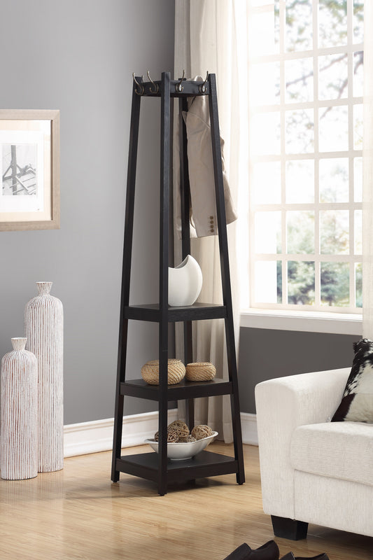 Tall black entryway coat rack with four shelves and metal hooks