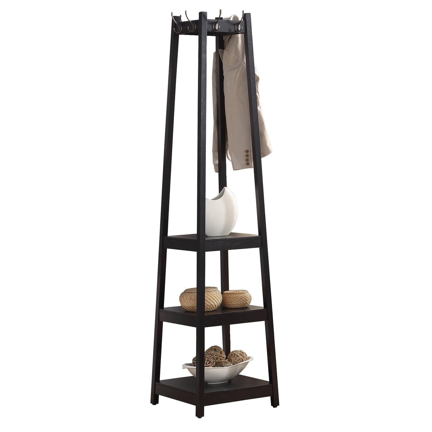 Dark wood entryway coat rack with shelves and hooks
