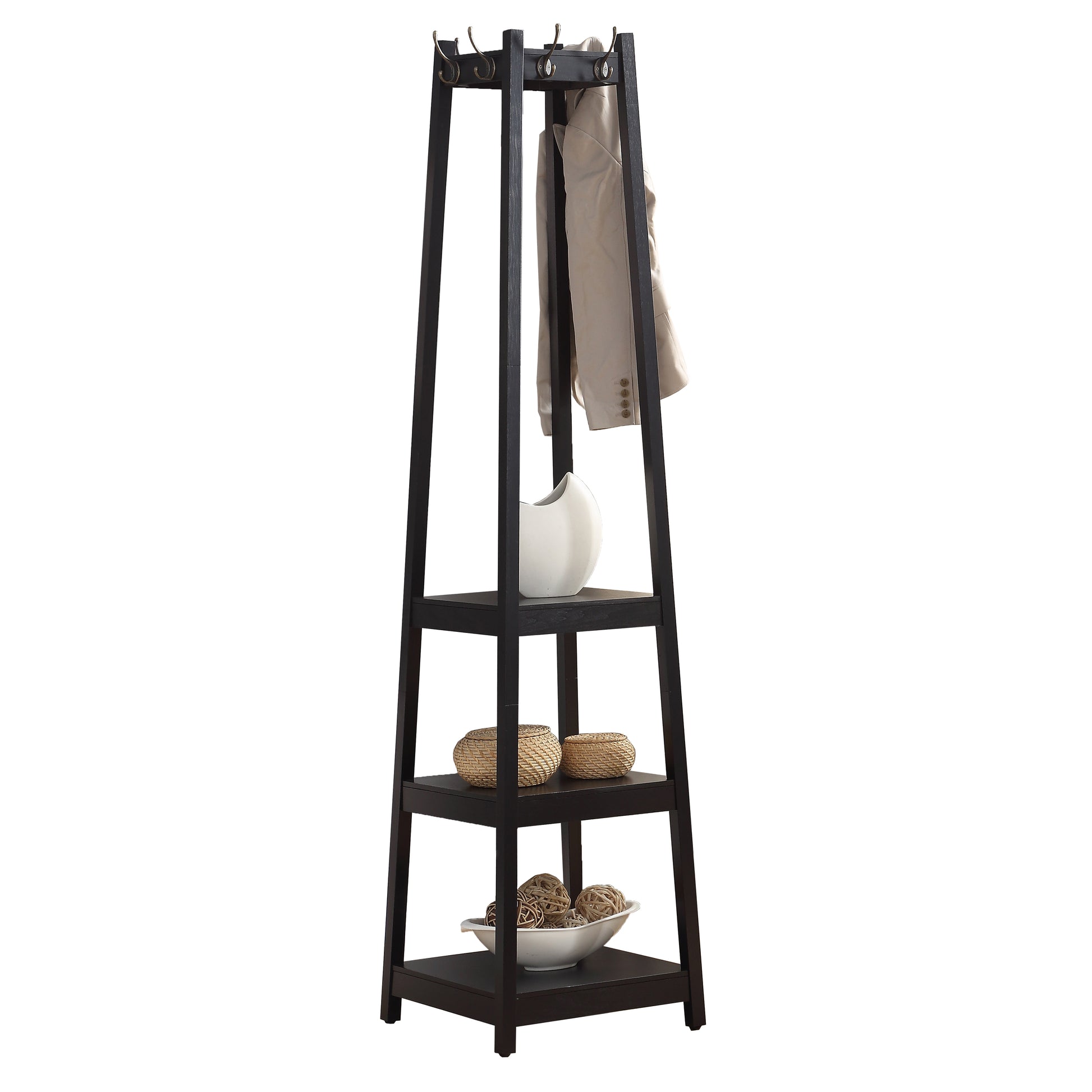 Dark wood entryway coat rack with shelves and hooks