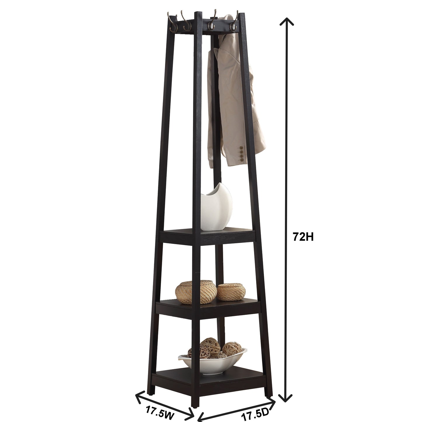 Dark brown wooden hall tree with four coat hooks and three shelves