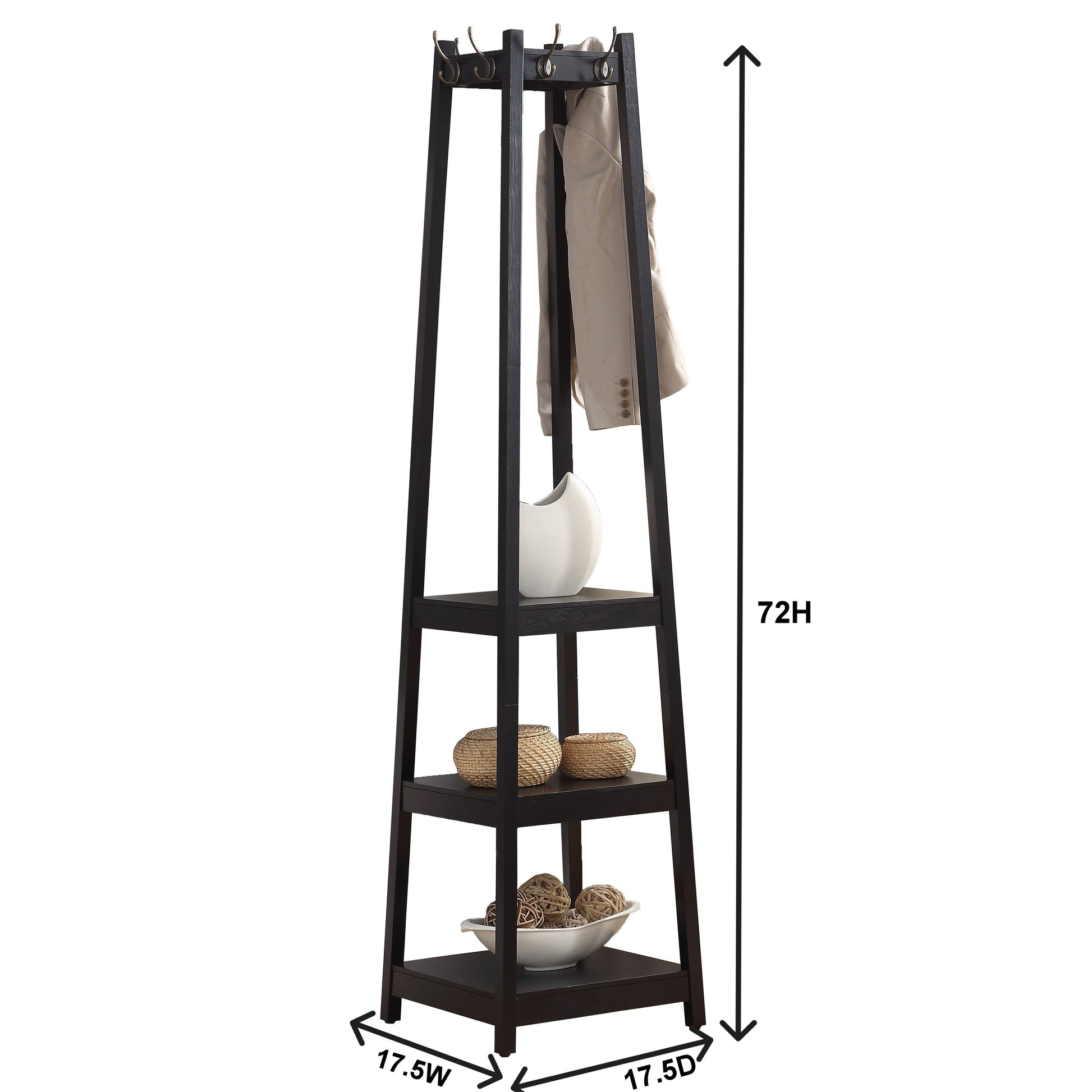 Dark brown wooden hall tree with four coat hooks and three shelves