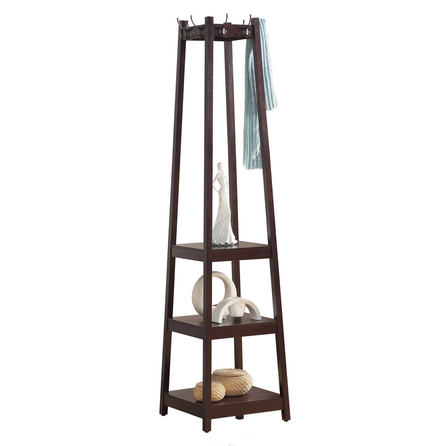 Dark wood coat rack with  shelves and decorative items