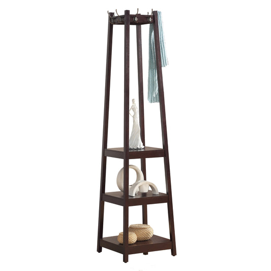 Dark wood coat rack with  shelves and decorative items